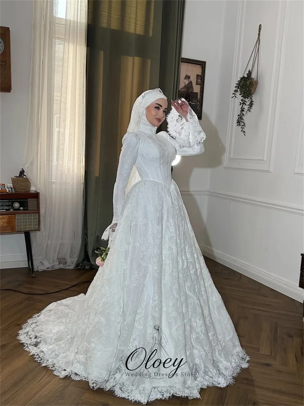 OLOEY Elegant High Neck Lace Wedding Dresses For Woman Long Flare Sleeve Pleat A-Line Bridal Gown Customized فساتين زفاف