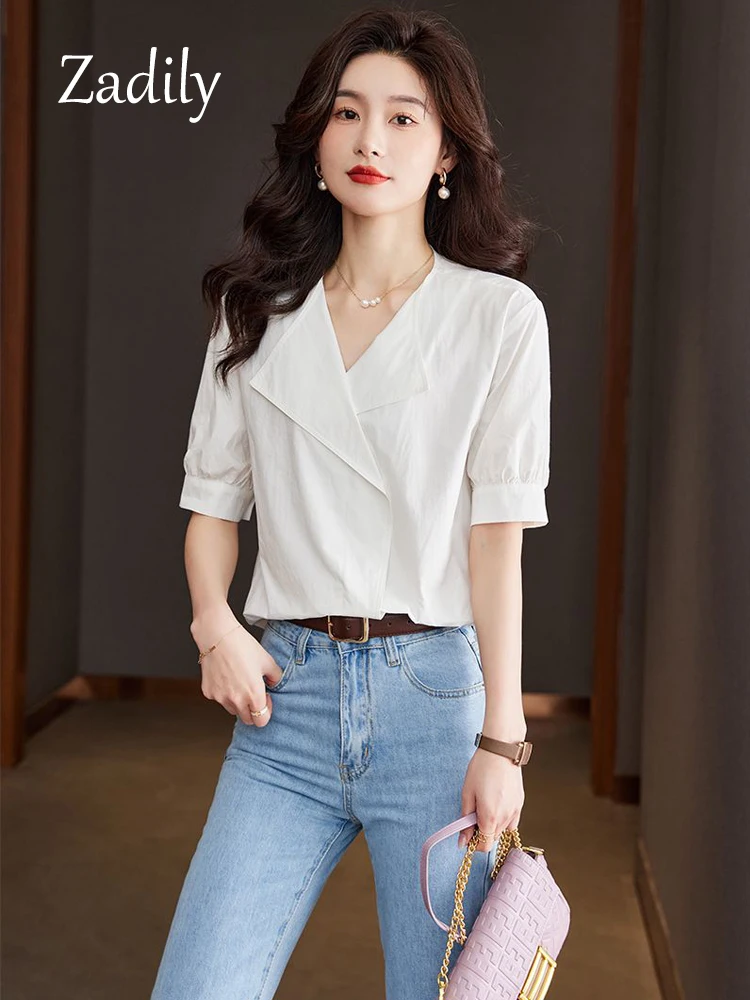 Minimalist Short Sleeve Women White Basic Shirt Korea Style Covered Button Turn Down Collar Blouse Summer Female Clothing Tunic