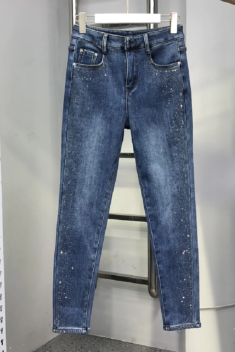 Thicken Fleece Blue Denim Trousers 2025 New Winter Stretch High Waist Slim Pencil Pants All-match Hot Drilling Floor-length Jean