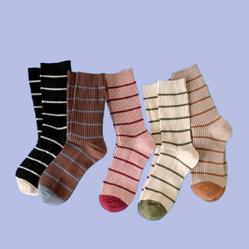 

5/10 Pairs Korean Striped Socks Women's Middle-Tube Socks Cashmere Spring and Autumn Japanese Contrast Color Personalized Socks