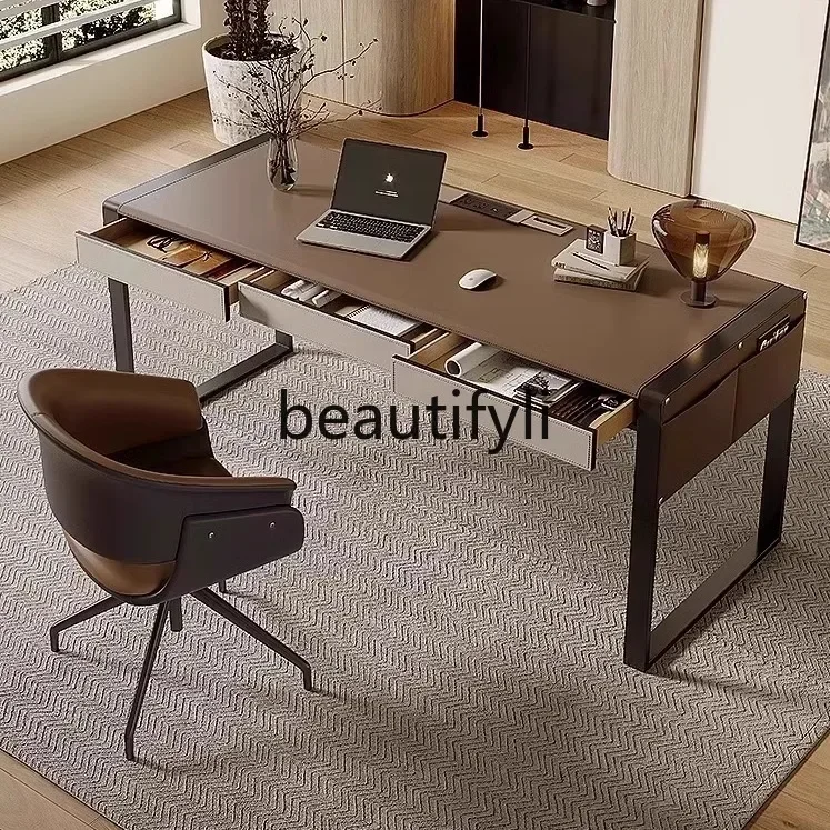 

XZMinimalist Saddle Leather Desk for Home Study Modern Simple Office Computer Desk