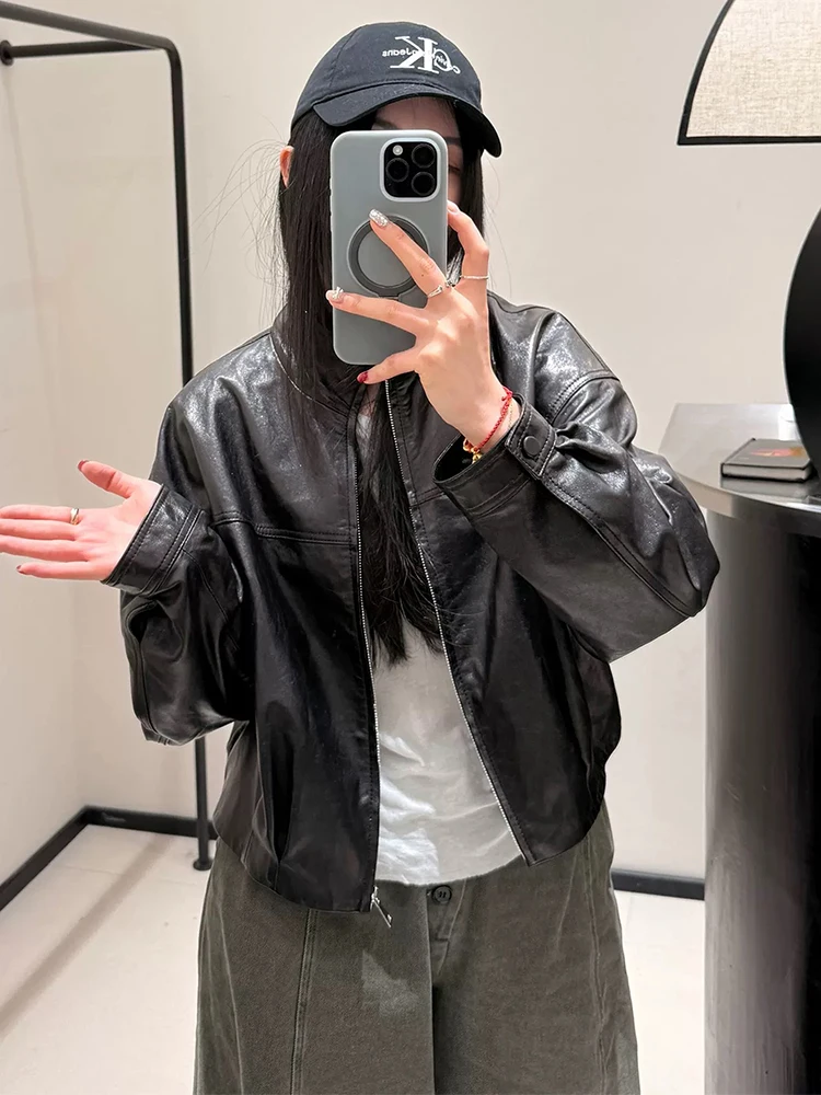 Women Spring Black Genuine Sheepskin Leather Short Jacket Coat Autumn Real Leather Jacket