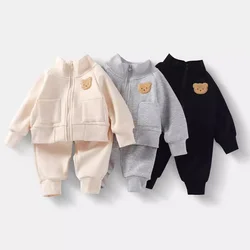 Autumn Children Sportswear Set Velvet Warm Sweatshirt Pants Two-Piece Sets Boys Cartoon Bear Kids Clothing Girls Casual Costumes