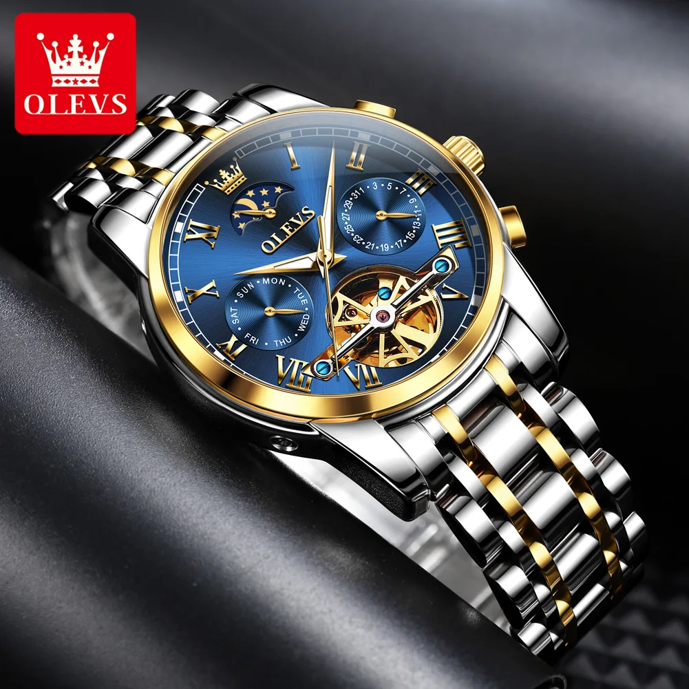 6617 OLEVS Mens Watch Luxury Skeleton Automatic Mechanical Watch﻿ Waterproof Luminous Dual Calendar Moon Phase Watches for Man