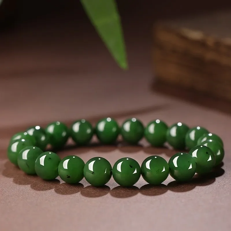 Natural Hotan Jade Spinach Green Jasper Bead Bracelet Women And Men, Summer Beaded Jewelry