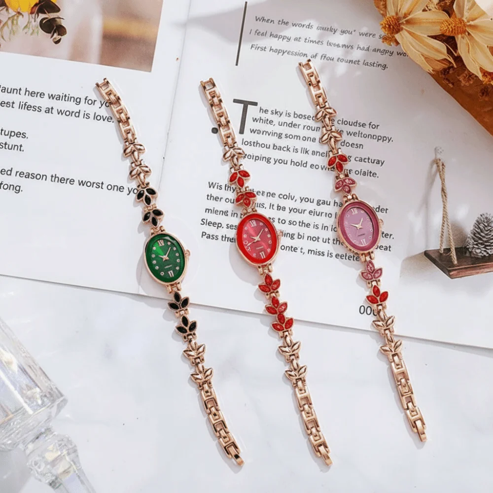 3-Leaf Clover Water-Resistant Quartz Ladies Watch Rhinestone Bracelet-Style Bracelet Watch Alloy Luxury Wristwatch Women
