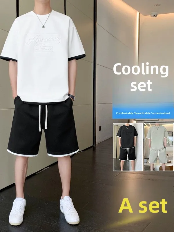 

Новый летний мужской свободный модный комплект из двух предметов: спортивный повседневный костюм, готовый образ (OOTD) для подростков, футболка с коротким рукавом и шорты