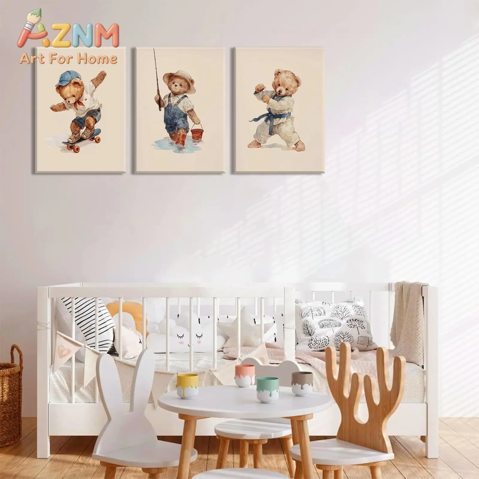 AZNM Cute Sport Teddy Bear Canvas Wall Art Skateboard Karate Fishing Theme Frameless Canvas Painting Nursery Boys Room Home Deco