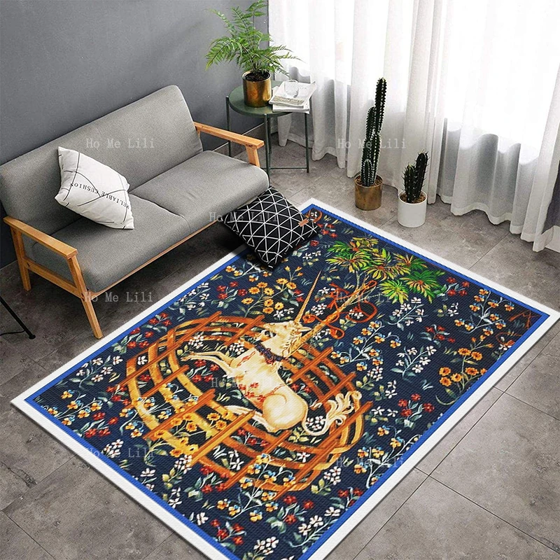 Pure White And Navy Blue The Last Unicorn Captivity Vintage Medieval Sign Noble Animal Paintings Flannel Floor Rug By Ho Me Lili