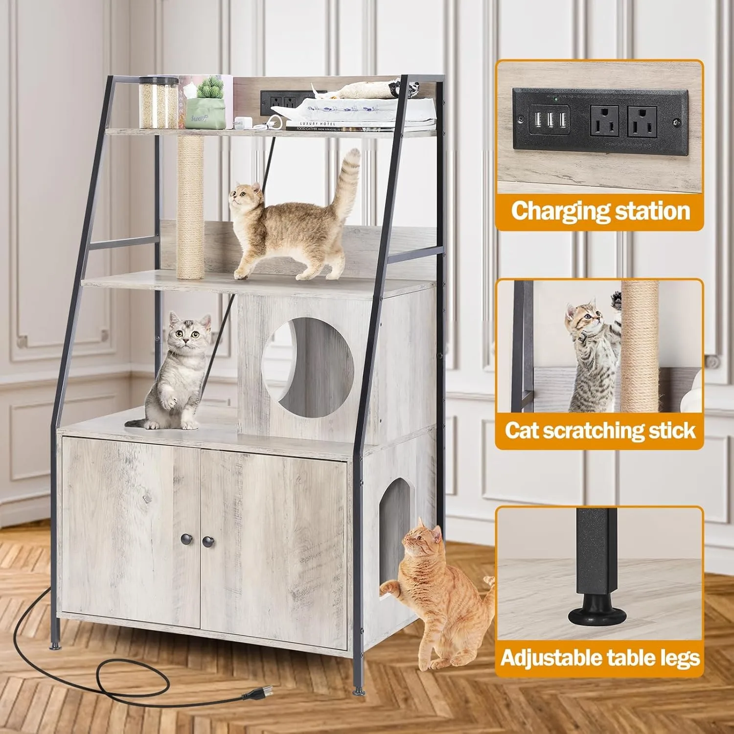 حاوية فضلات القطط الطويلة موفرة للمساحة مع رفين ومحطة شحن، صندوق فضلات يخفي لمعظم الأحجام (أسود)