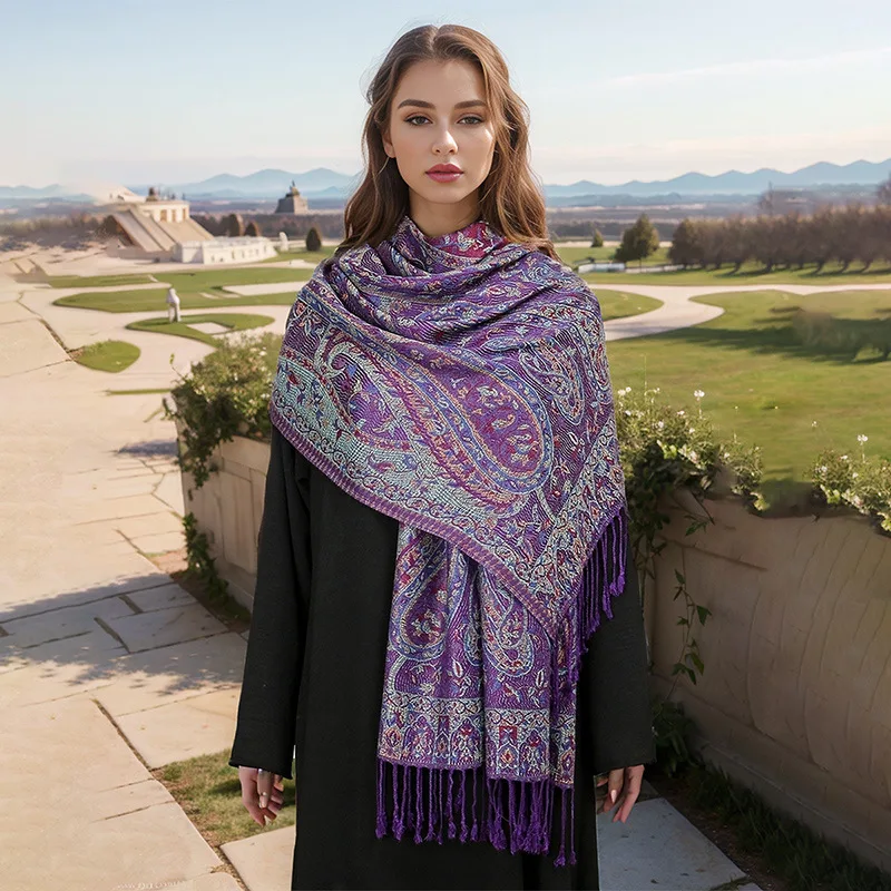 Ethnic Jacquard Paisley Fringe Shawl, New Paisley Cotton Linen Long Scarf for Women, Turban Headwrap Cross Border Export