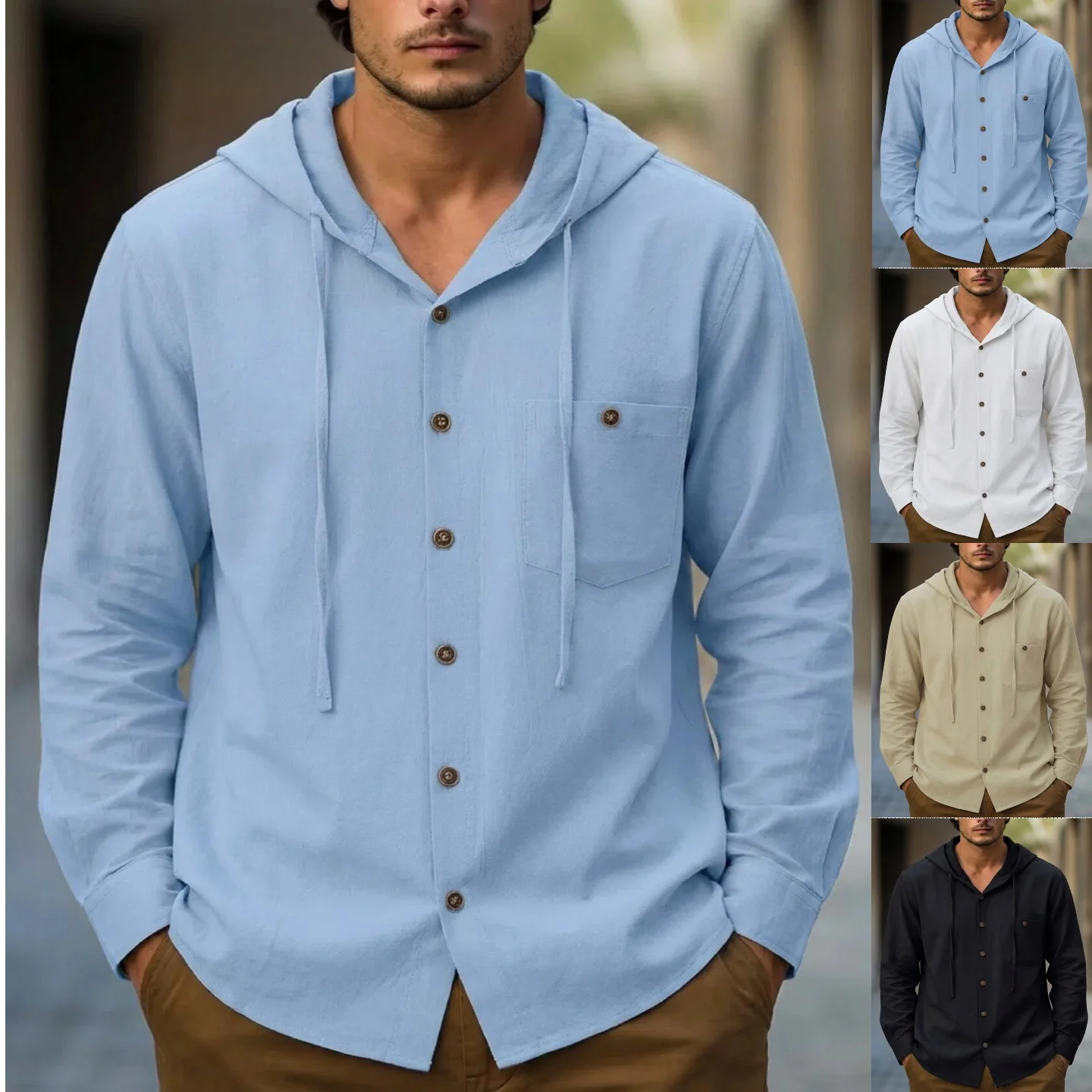 

Spring and Summer Men's New Cotton-Linen Solid Color Urban Texture Lightweight Business Casual Loose Hooded Long Sleeve Shirt