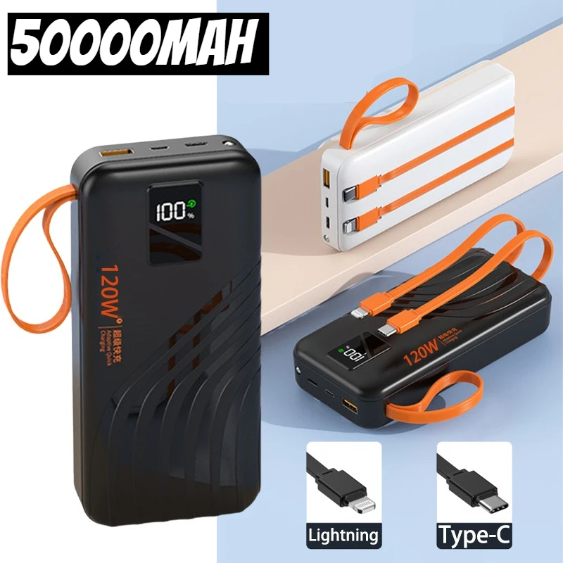 

Power Bank большой емкости 50000 мАч, 120 Вт, быстрая зарядка, встроенные кабели, зарядное устройство, внешний аккумулятор для телефона для IPhone Xiaomi Powerbank
