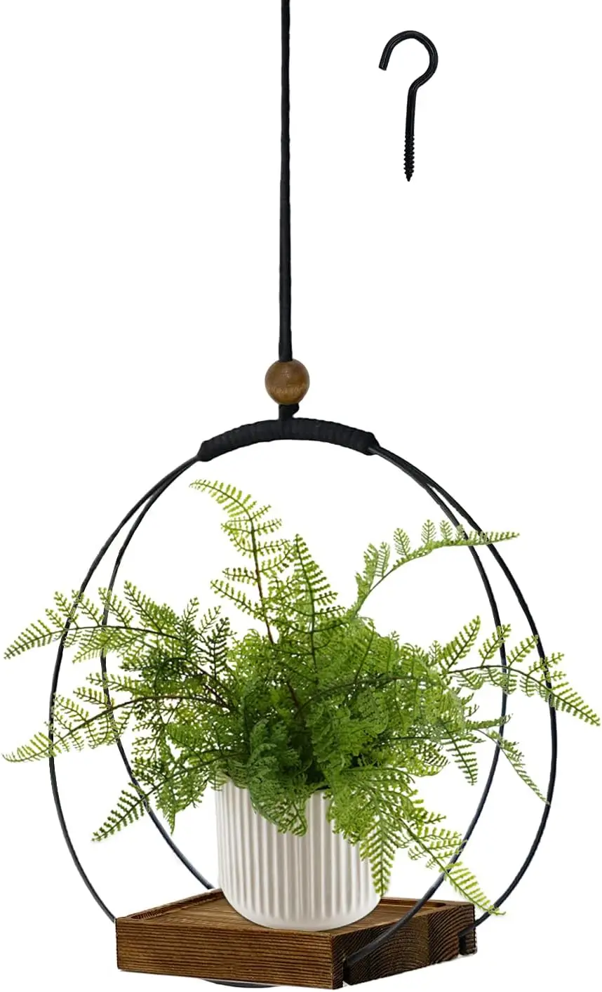 

Boho Macrame Plant Hanger for Indoor, Sturdy Wood Base, Holds 3-5.5" Pots, Wall or Ceiling, Black