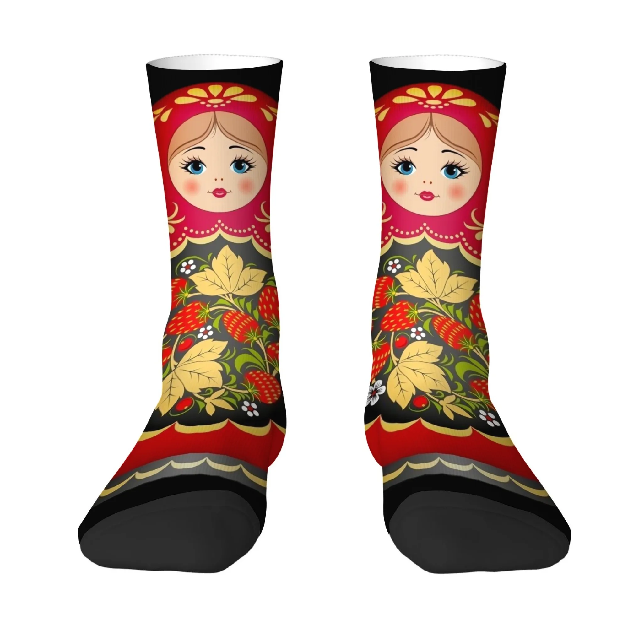 Exotic Folk Style Socks Russian Nesting Doll Print Men's Mid-calf Socks Khokhloma Painting for Holiday Parties Street Style