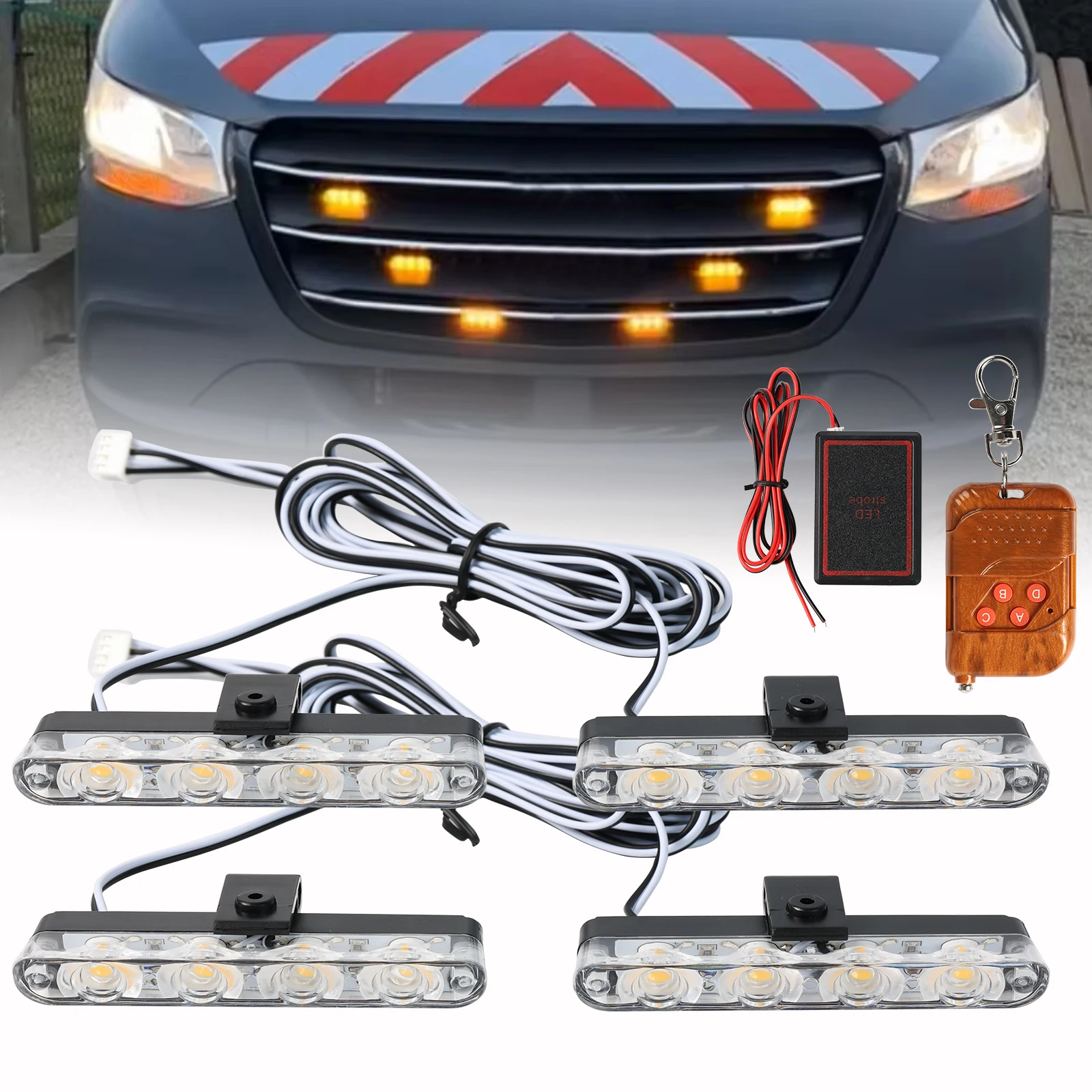 Universal 4LED Amber Warning Strobe Grille Flashing Light Bar Kit Grill Hazard Emergency Lamp DRL Safety Marker Recovery Beacon