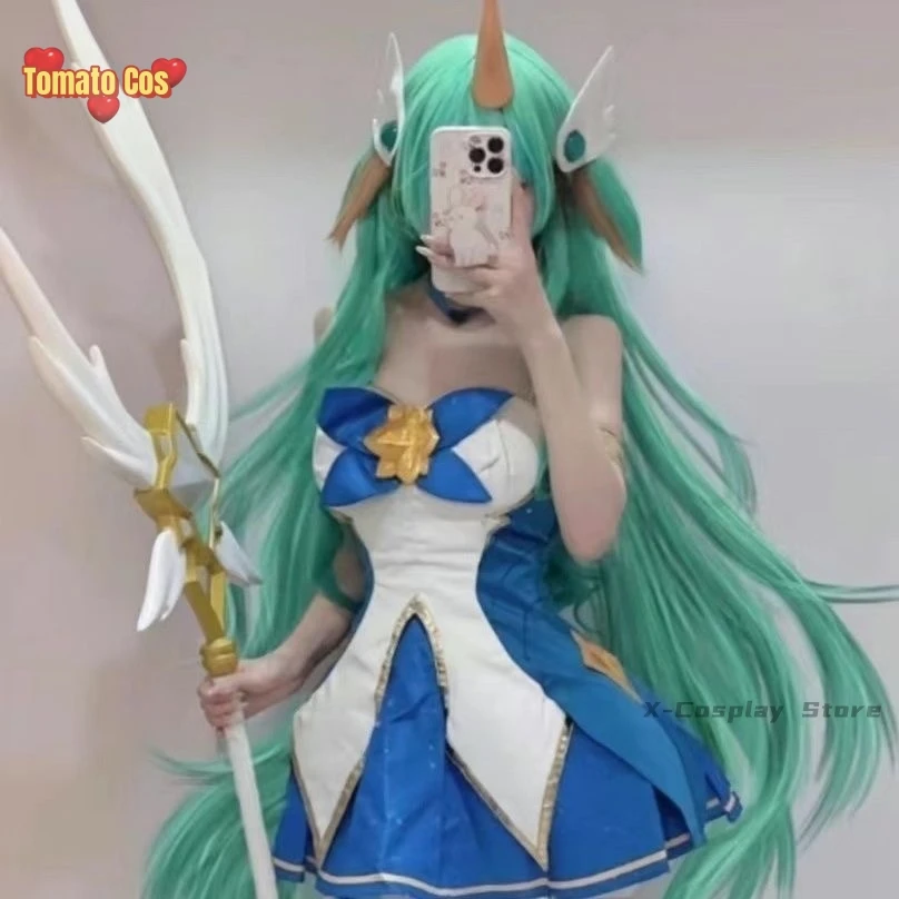 Game LOL Star Guardian of Soraka Cosplay Costume The Starchild Wig Ears Horn Anime Lolita Dress Halloween Sexy Women Green Suit