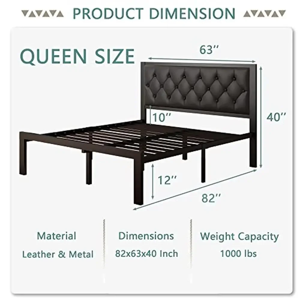 Queen Size Metal Bed Frame with Faux Leather Diamond Button Tufted Headboard Heavy Duty Platform Bed Frame Storage Steel Slats