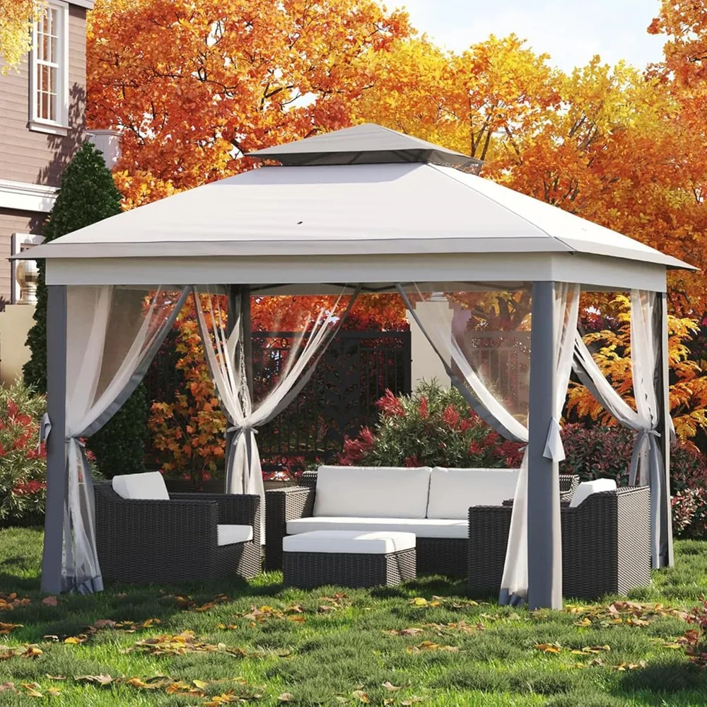 

11x11ft Gazebo Tent with Mosquito Netting, Pop Up Gazebo, Mesh Screen with 4 Ropes, 8 Stakes, 4 Sandbags and Storage Bag, Outdoo
