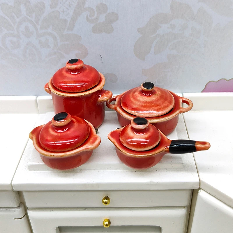 4Pcs Dollhouse Miniature Ceramic Kitchenware Pot Set Tableware Mini Casserole Wok Cooking Utensils Model Kitchen Decor Toy