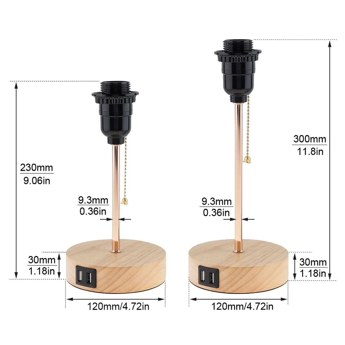 Wood Table Lamp Base Holders 2.3m 3m E27 E26 Socket Switch Wire Bedside Lamp Holder with USB Charging Ports for Home Lighting