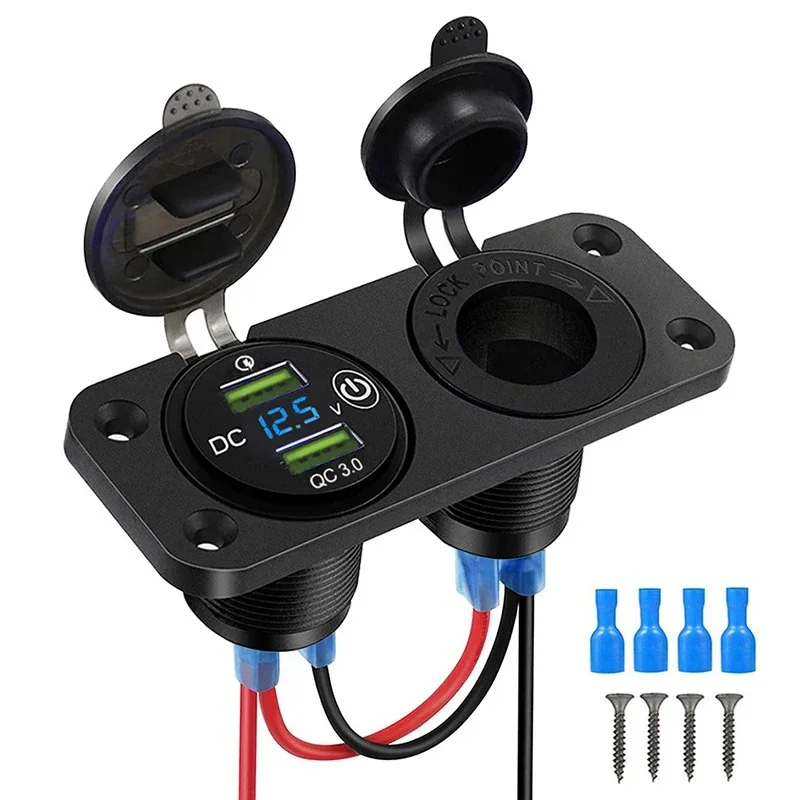 Wasserdichte Zigarettenanzünder-Steckdose, Schnellladung 3.0, 12 V/24 V, Dual-USB-Auto-Steckdose mit LED-Voltmeter, Touch-Schalter für Auto, Wohnmobil, Boot