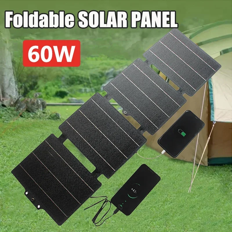 Panel Solar Portátil Plegable de 60W, Tipo C, USB, 12V DC, Cargador Solar, Fuente de Energía Exterior para Camping y Teléfono Móvil