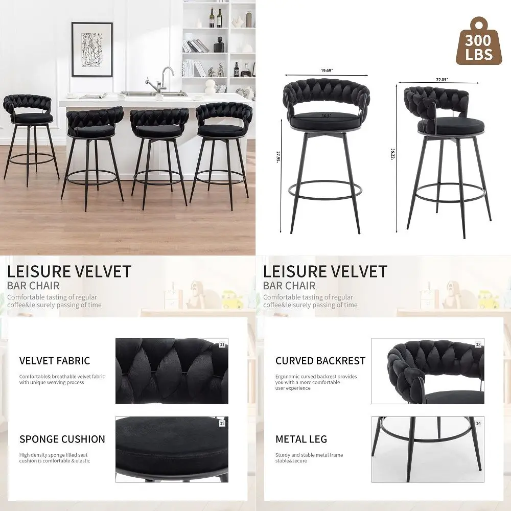 

Bar Stools Set of 4, Modern Barstools with Woven Back, Velvet Counter Height Bar Stools for Kitchen Island, Cafe, Pub, Black