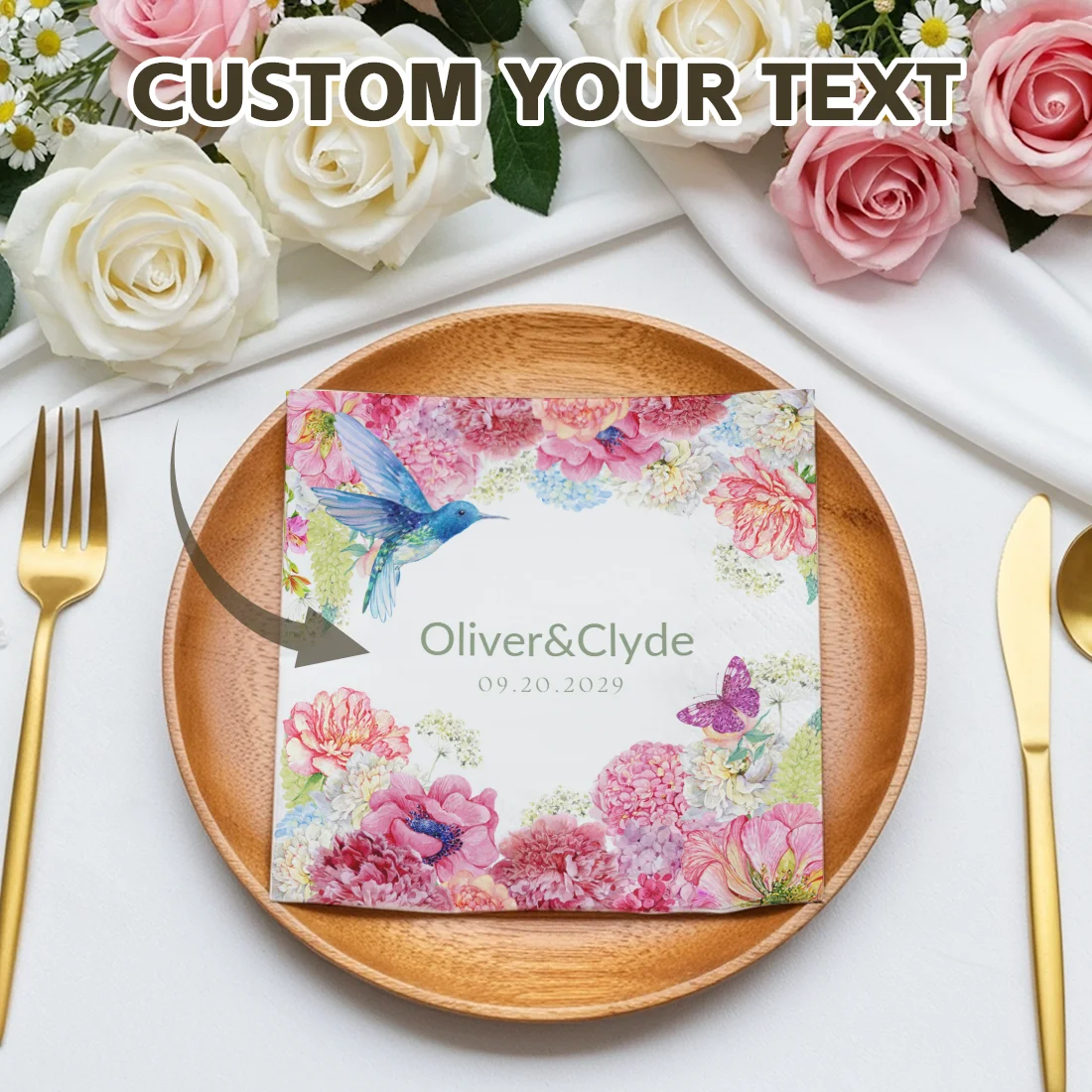 

Personalized Paper Napkins for Wedding Custom Napkins of Your Text Disposable Napkins of Flowers,for Baby Shower Hen Party