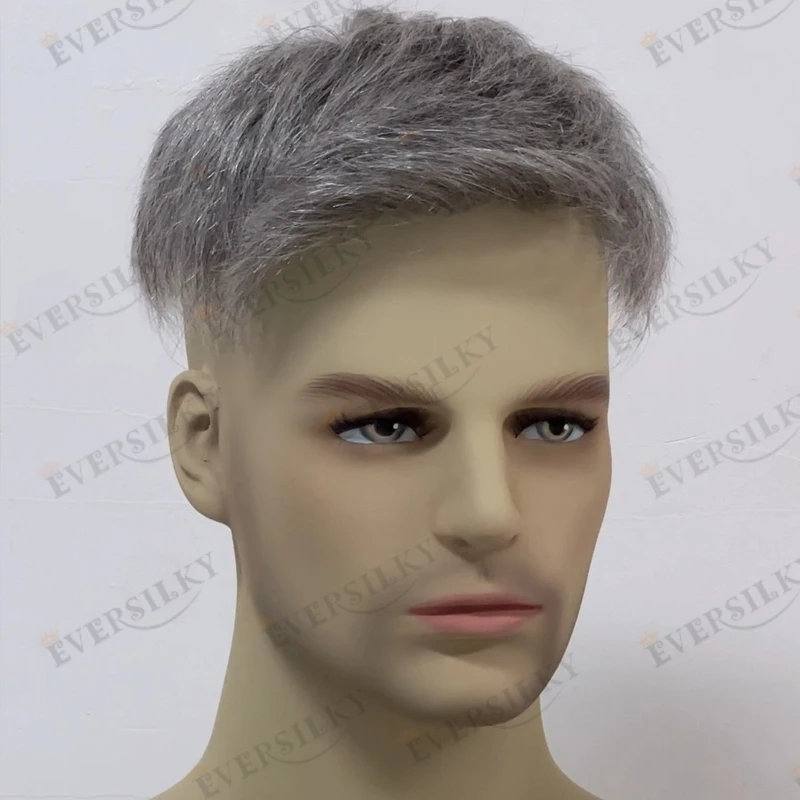 1B65 1B80 شعر بشري رمادي للرجال شعر مستعار خط شعر طبيعي متين كامل الجلد قاعدة رجل الباروكات 120 الكثافة 30 مللي متر وحدات نظام الشعر المموج #1