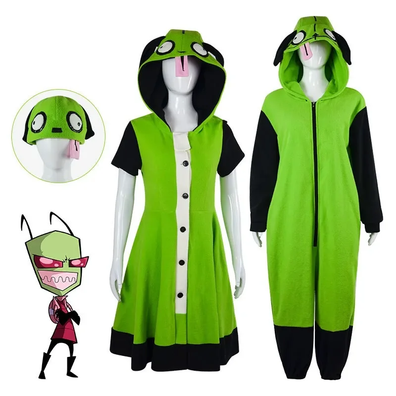 Invader ZIM Cosplay Costume Dress Pyjamas Inspired Kigurumi Green Invader ZIM Hoodie Hat Jumpsuit Nightgown Alien Cosplay Suit