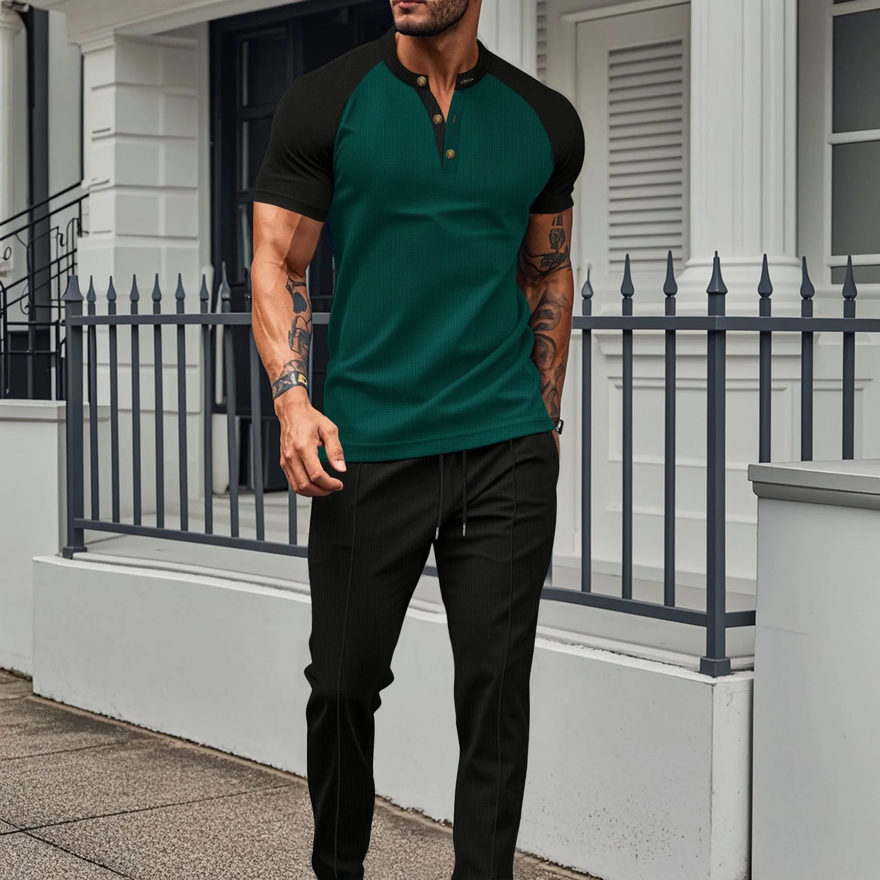 Cross-border men's suit: European and American 2025 summer color-block casual crew-neck short-sleeve men's T-shirt and long pant