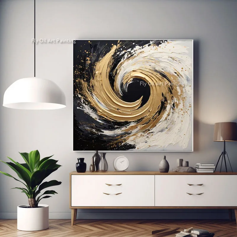 Handmade Gold Foil Abstract Oil Painting 3D Heavy Texture Swirl Canvas Wall Art Modern Luxury Black White Pictures for Home Deco