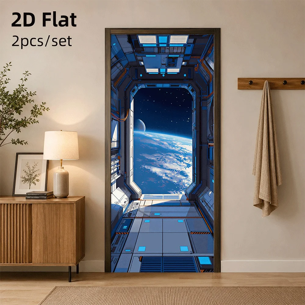 1 space cabin door with a simulated space landscape, looking at the 2D plane of the Earth and Moon from inside the spacecraft