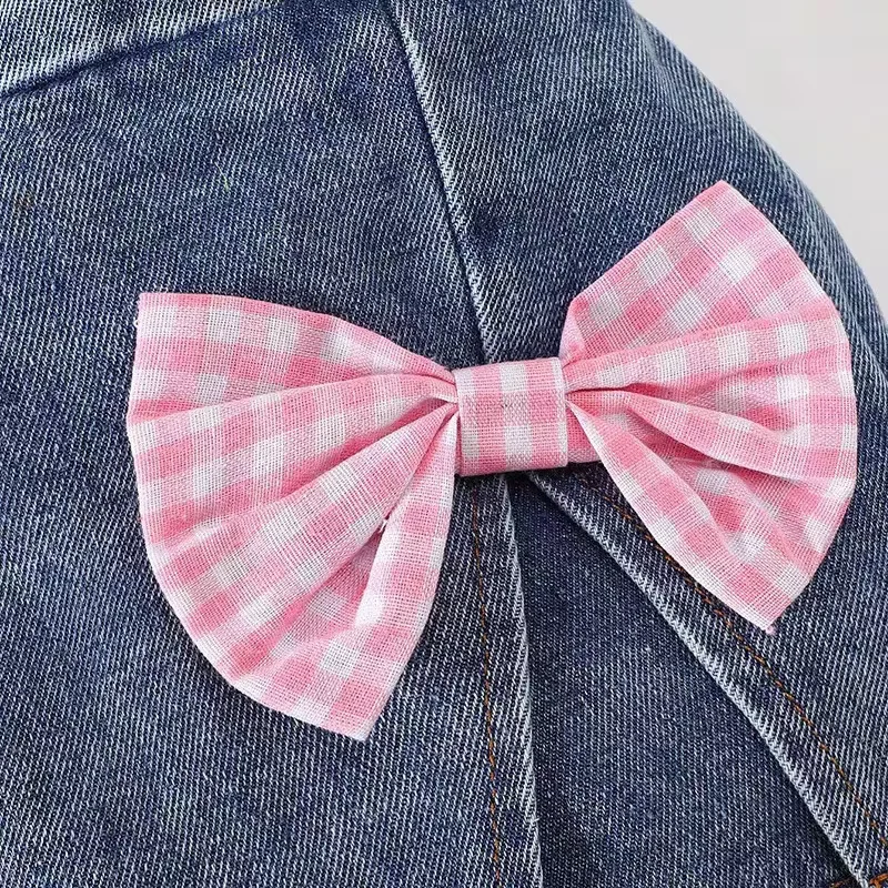 Girls Summer 2 Piece Set Pink Plaid Suspender Top Bow Knot Denim Shorts Kids Fashion Matching Outfit 90-140CM