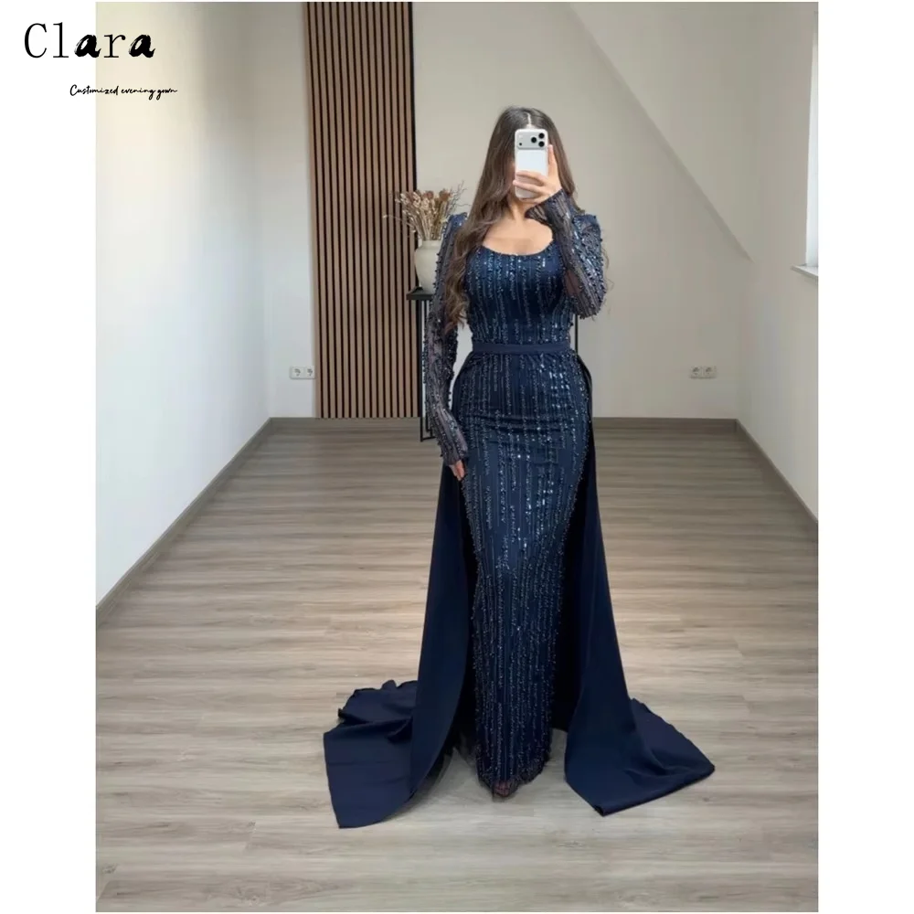 

Clara Custom Fishtail Round Neck Blue Long Sleeves Prom Dresses Luxury 2025 Party Dress Woman Women's Evening Dress for Weddings