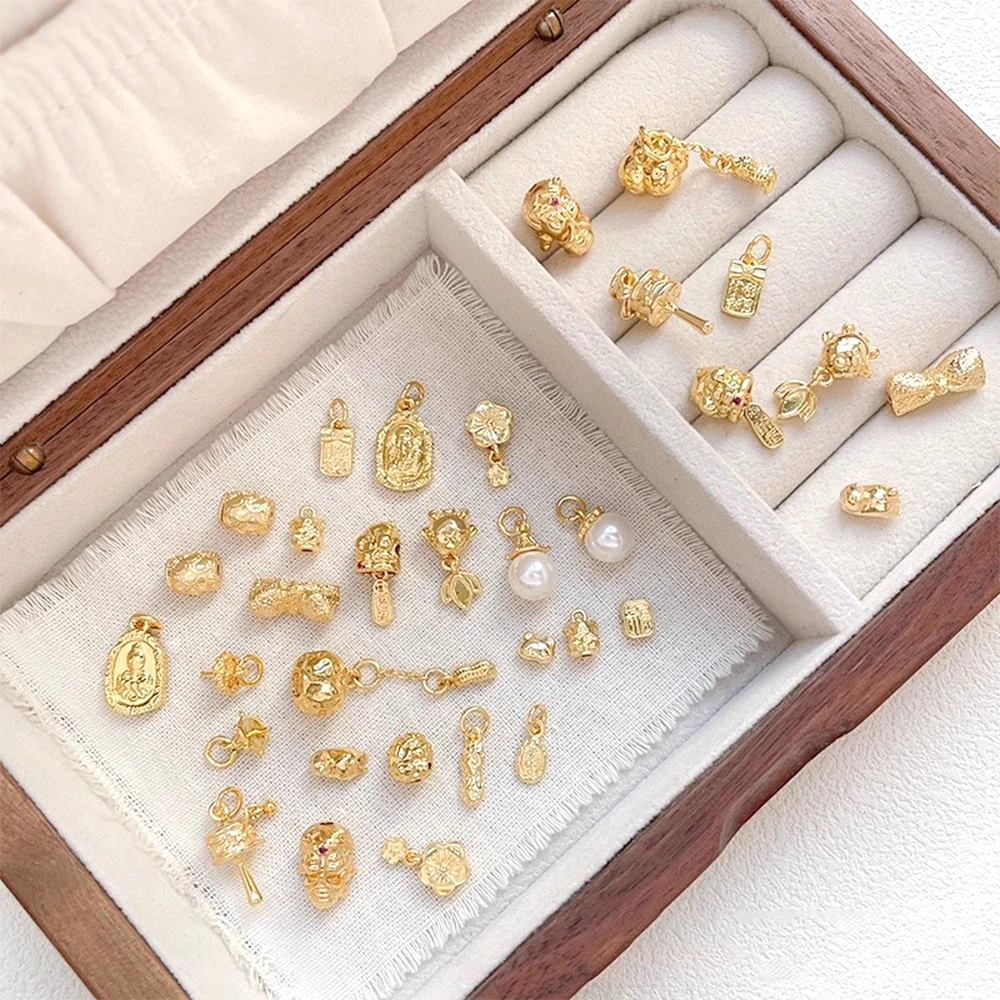 Brass Gold-plated Chinese Style Retro Fu Brand Flower Separated Bead Pendant DIY Jewelry Making Necklace Bracelet Accessory