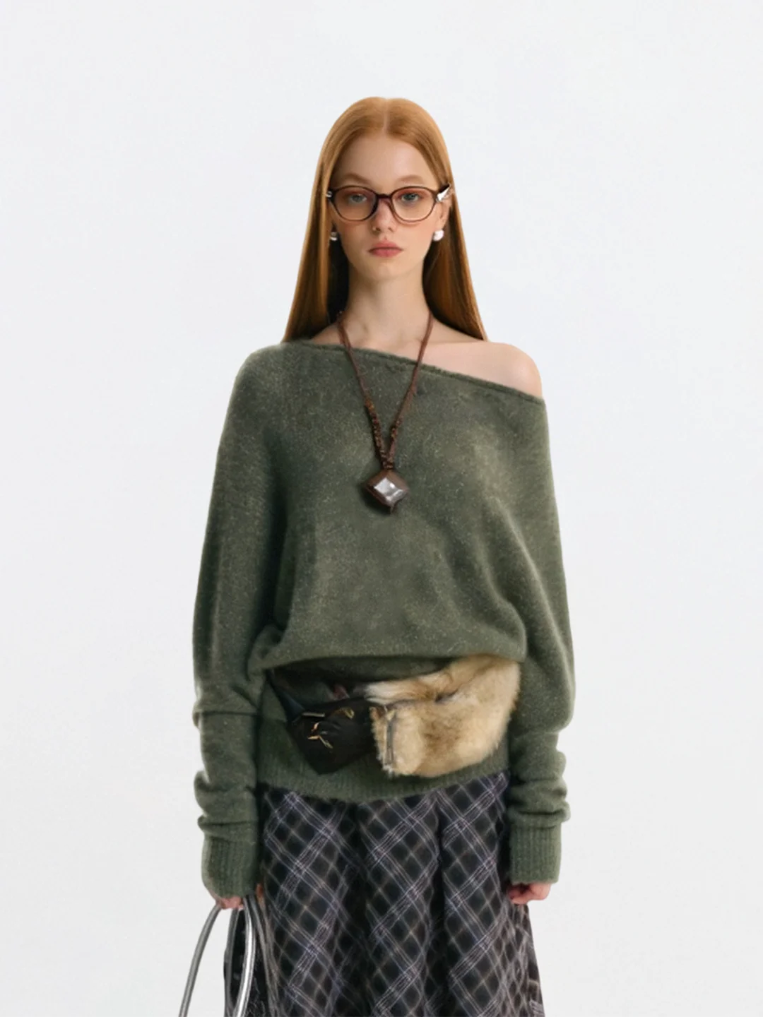 

AHMI "Pine een Tead" Lazy oulder Bared Soft Woolen Knitted Sweater Winter Girl Warm Cozy Long Sve Leisure Sle Knit...