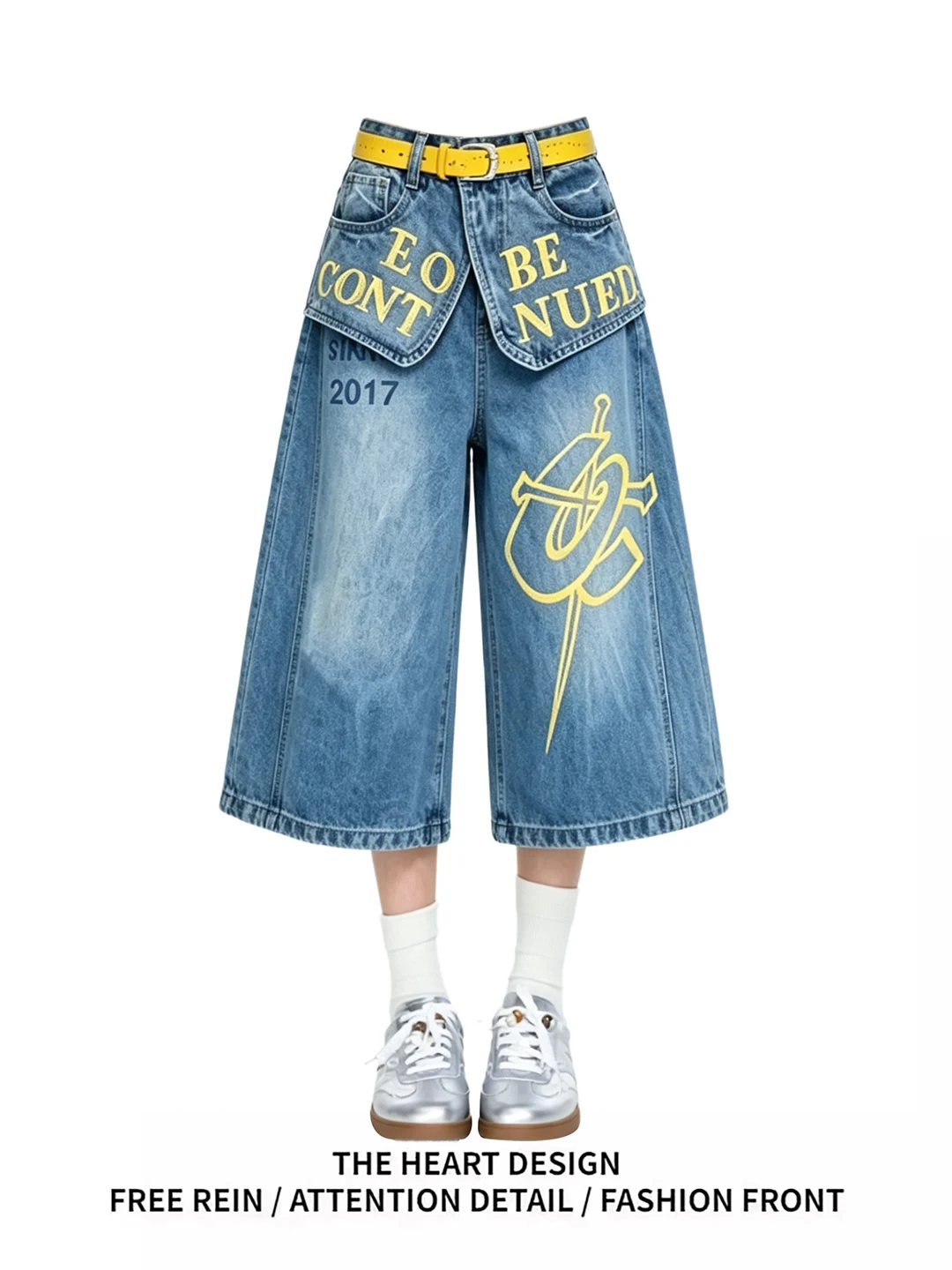 

Hot Girl Graffiti Letter Print High Waist Wide Leg Jeans Shorts Women Summer Design Sense Fake Two-Piece Denim Seven-Five-Pants