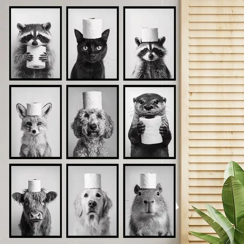 Highland Cow Otter Cat Raccoon With Toilet Self-adhesive Art Poster Whitepaper Prints Posters Artwork Home Decor
