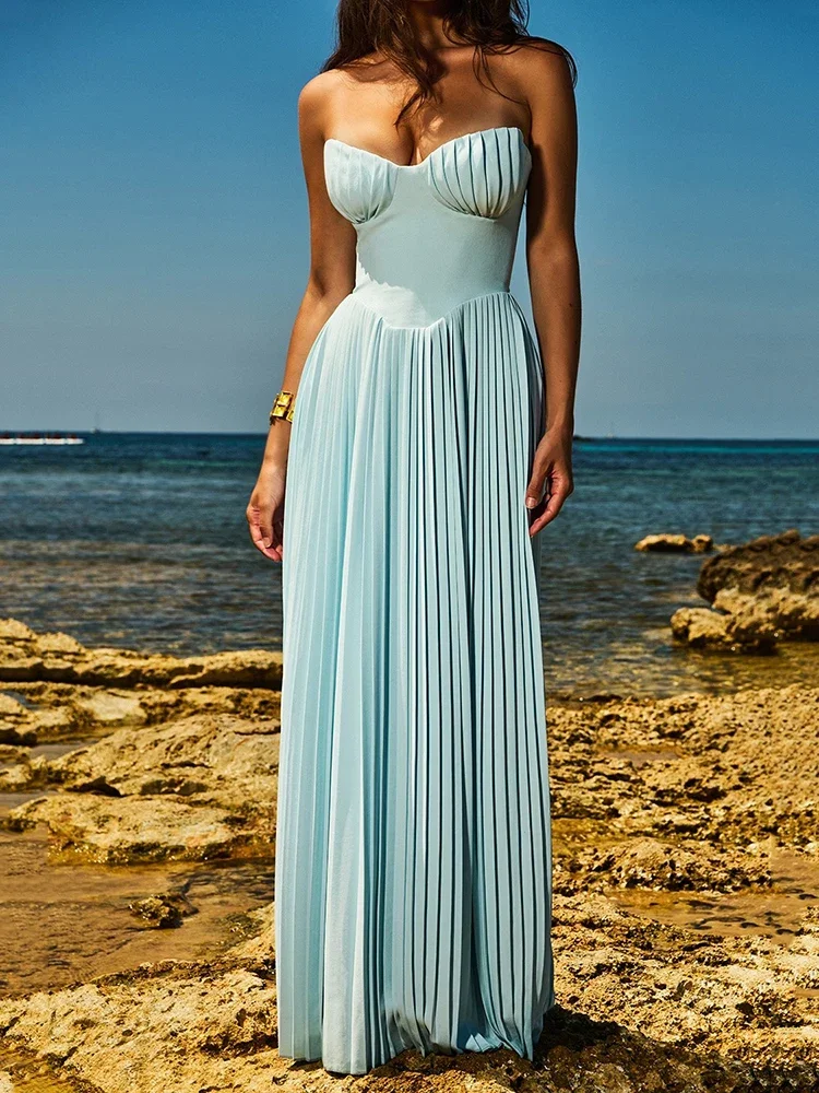 

LANGMAO Off-shoulder Backless Pleated Maxi Dress For Women Fashion Strapless Sleeveless High Waist Bodycon Sexy Long Dress