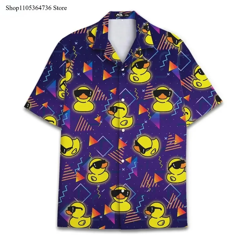 

Funny Neon Rubber Duck Hawaiian Shirt for Men Galaxy Yellow Duck Mens Hawaiian Casual Button Down Shirts Short Sleeve Shirt Tops