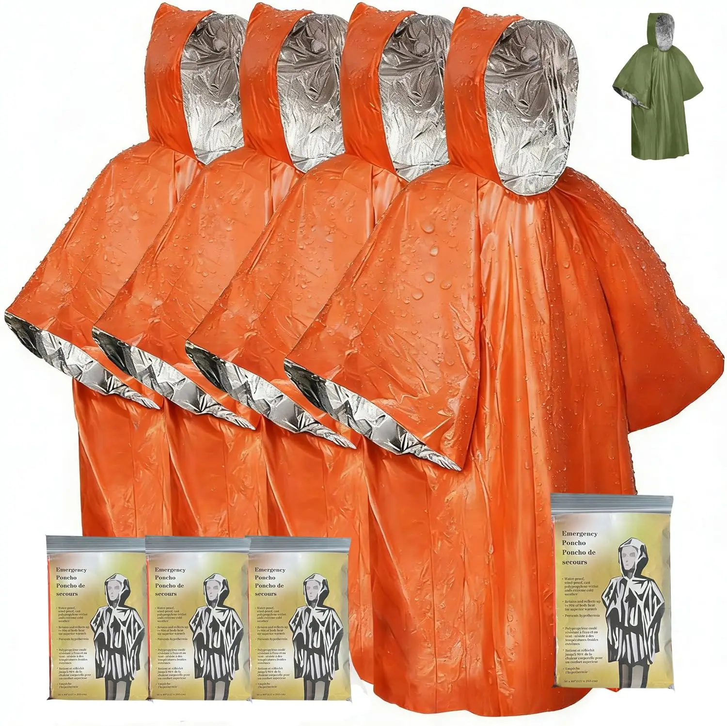 

Emergency Survival Poncho Thermal Mylar Foil Coating Blanket for Heat Retention and Rain | Reversible with Hood | Waterproof