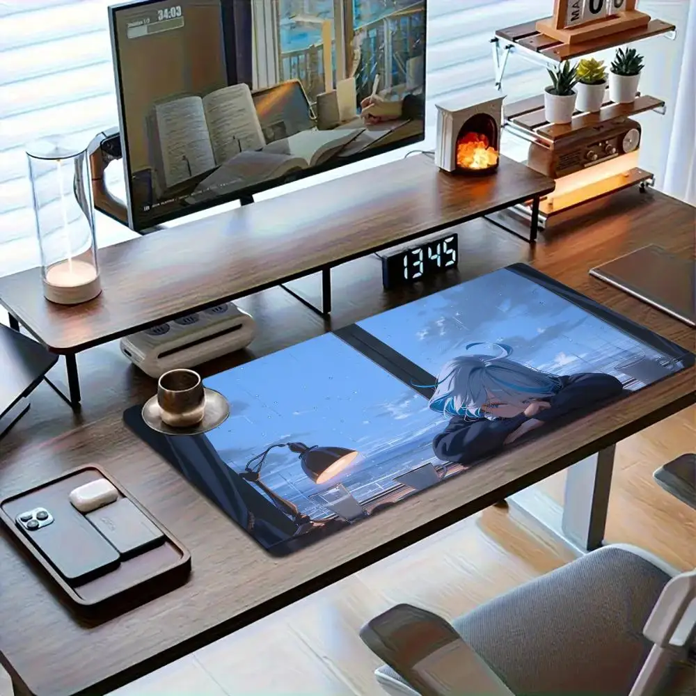 Anime Playmat Blue Hair Anime Boy Resting By Rainy Window Mousepad Large Size For Office Desktop Laptop Mat