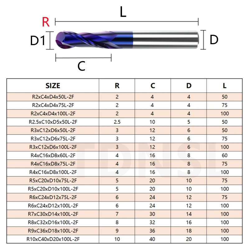 Fresa de punta de bola, herramienta CNC de carburo de 1mm-20mm para acero y aluminio, 50L/75L/100L/150L, R0.5-R10 HRC50 55 65