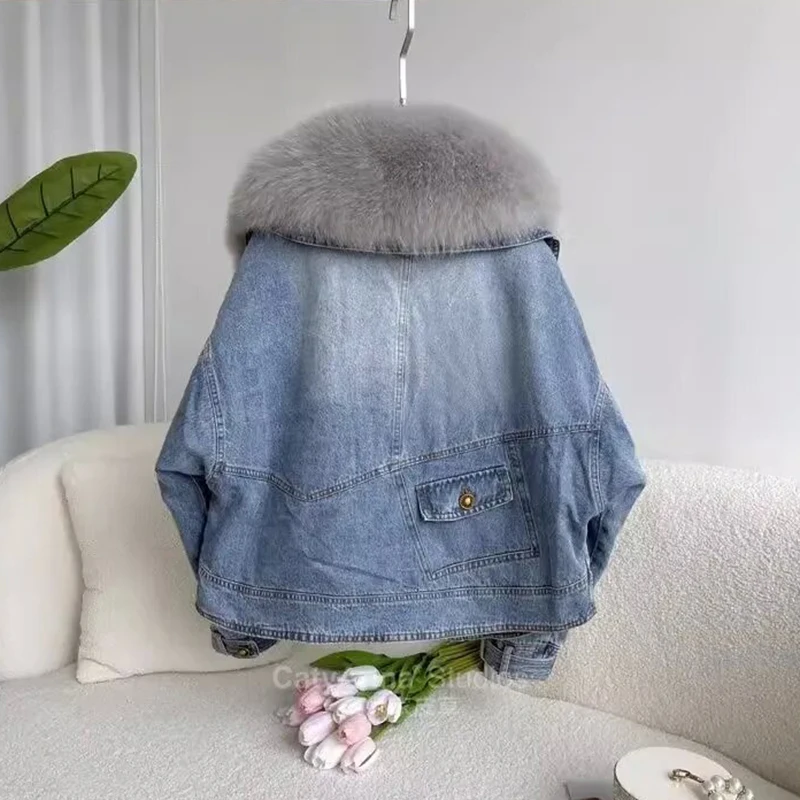 Winter Fur Coat Removable Fur Collar Cotton Jacket New Thickened Short Denim Jacket Fashion Harajuku Parkas Jeans Jacket