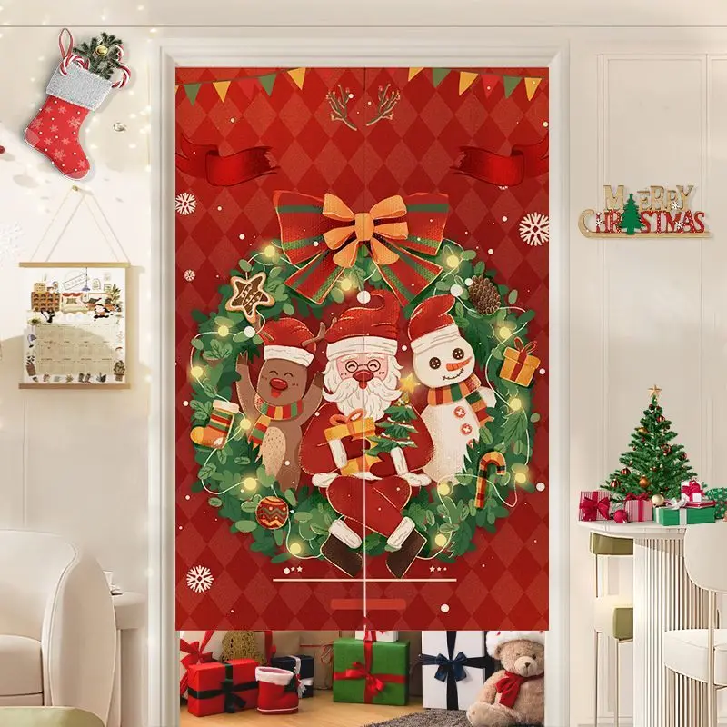 VIKAMA Christmas Santa Snowman Reindeer Wreath Door Curtain Red Plaid Bow Light String Bedroom Living Room Dorm Home Decor Soft