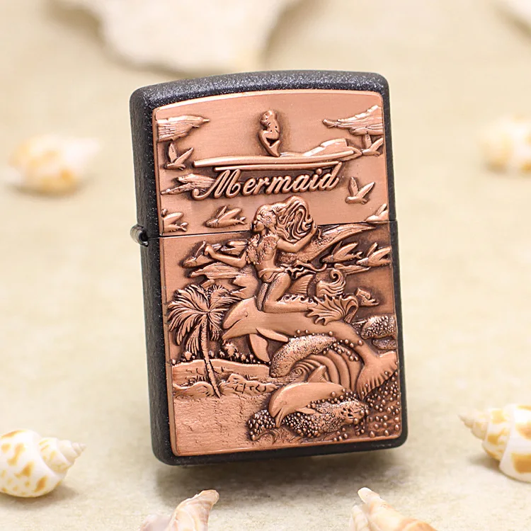 

Genuine Zippo oil lighter copper windproof dolphin mermaid Kerosene lighters Gift with anti-counterfeiting code