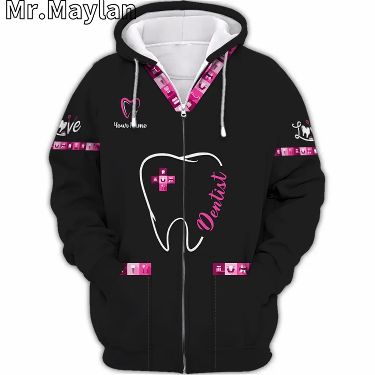 Custom Dentist Pink Dental Clinic Uniform 3D Hoodie Men-Women Pullover Sweatshirt Hooded Jersey Tracksuit Outwear Coat A-188