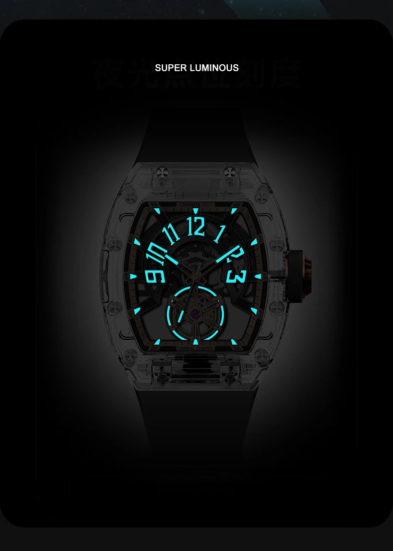 CRONUSART Orologio automatico da uomo Tonneau Orologio da polso meccanico Cassa in acrilico Scheletro Semicircolare Quadrante luminoso Cinturino in gomma fluorurata